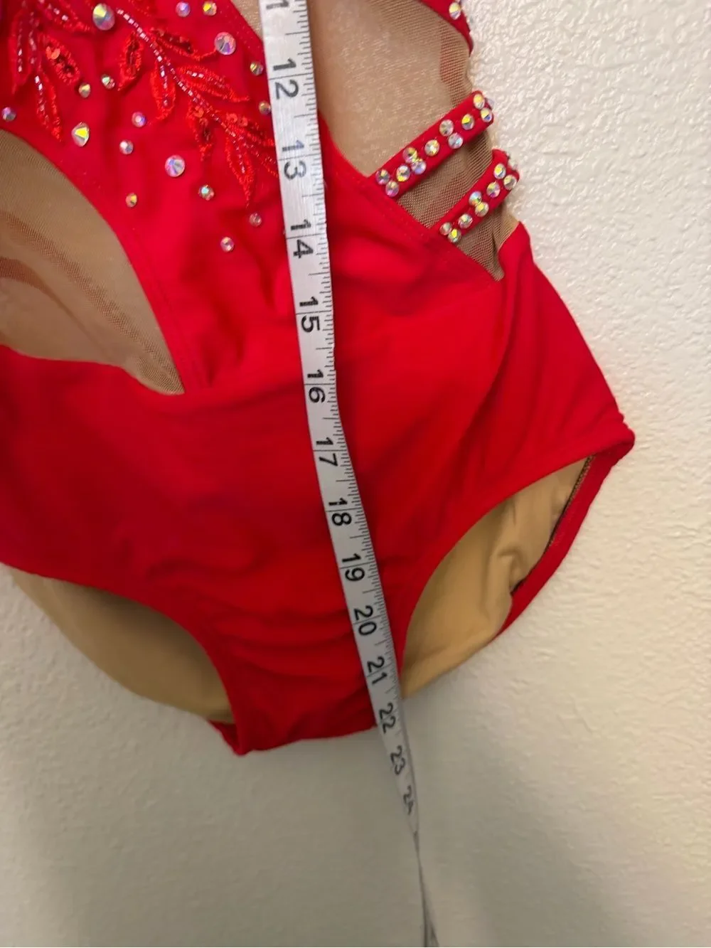 AA solo dance costume red strappy rhinestoned bling leotard XS adult